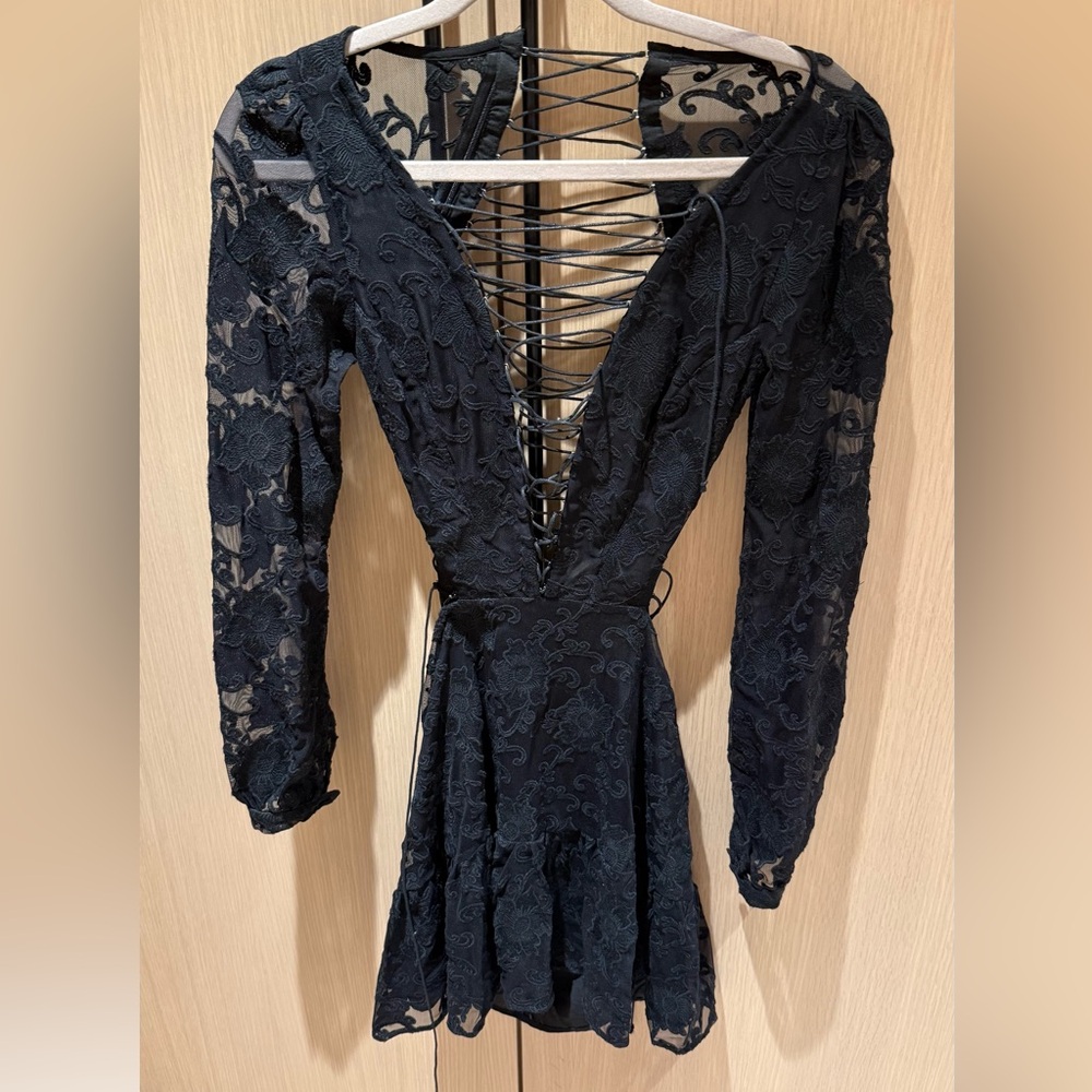 For Love & Lemons Jolene Lace Up Dress in Black XS